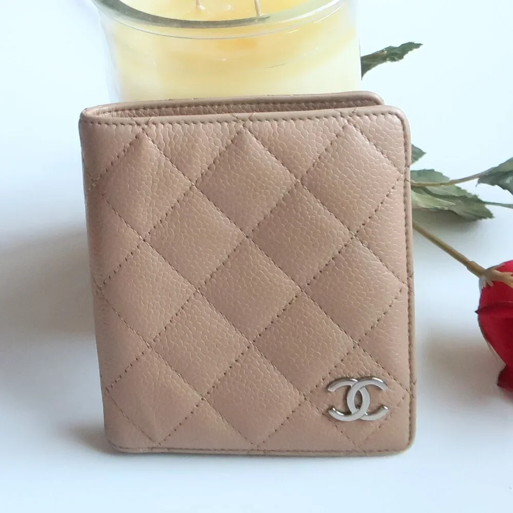 Chanel Classic Quilted Caviar Leather Bifold Wallet Beige with Silver CC Logo
